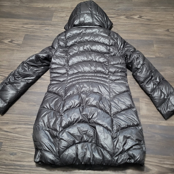 Via Spiga Swirl Down Charcoal Puffer Coat Size M Full Zip Hooded Long Quilted - Picture 3 of 8